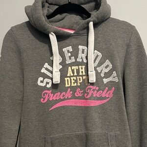 Superdry Grey Hoodie with Pink and White Logo Accents